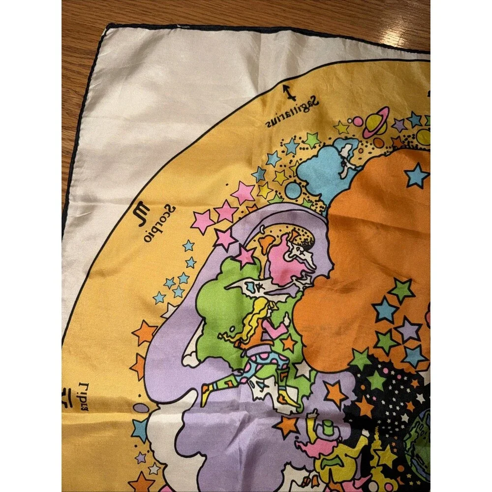 Vtg Peter Max Zodiac Astrology Silk Scarf 21x21” 60s Psychedelic Retro Hippie